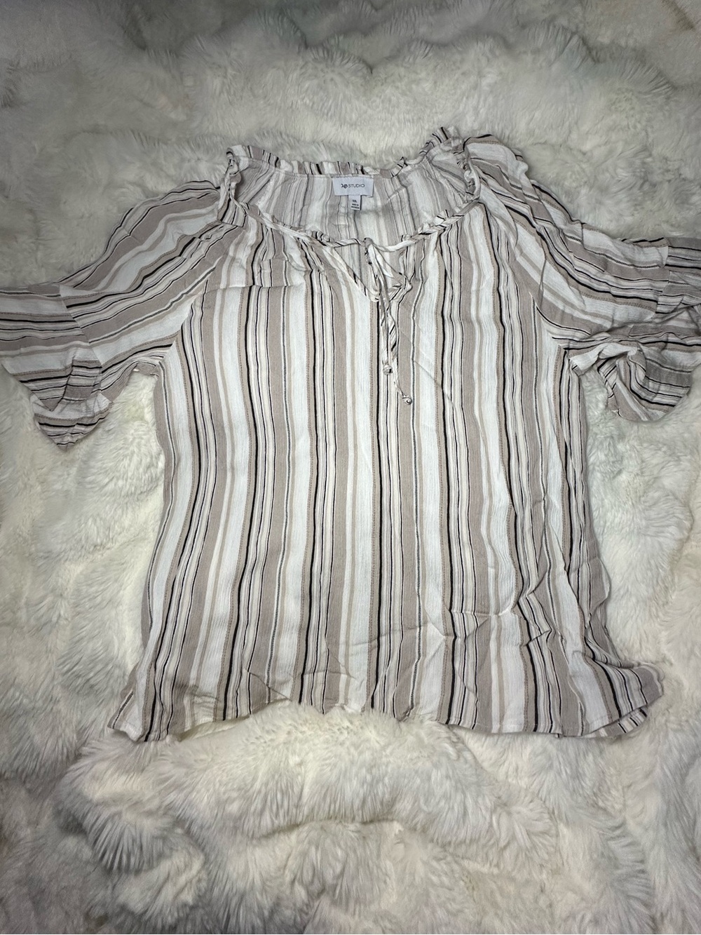 AB Studio Striped Cold-Shoulder Top in Cream and Brown